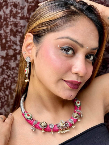 Pink Kundan Studded Handwoven Jute Hasli Jewellery Set