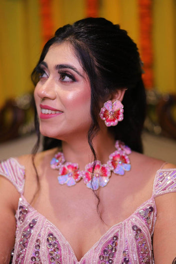 Rossiate Pink Color Beads & Pearls-Studded Floral Jewellery Set