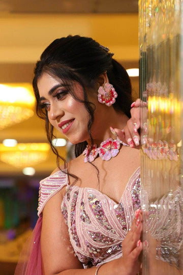 Rossiate Pink Color Beads & Pearls-Studded Floral Jewellery Set