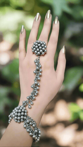 Handcrafted Ghungroo Studded Tribal Design Oxidised Silver Plated Bracelet