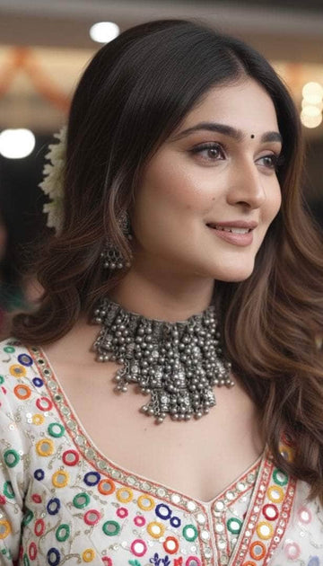 Navratri Special Oxidised Silver-Plated Multi Layer Chokar Jewellery Set