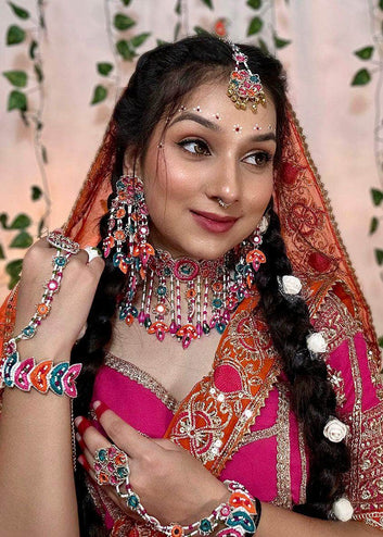 Madhuri -  Handcrafted Multi Color Haldi Mehndi Mirror Studded Bridal Set With Resham, Dabka and Pearls detailing