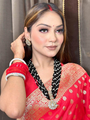 Nazakat Antique Gold-Plated Black & White Onyx AD Studded Pearl Handcrafted Jewellery Set