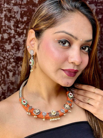 Orange Kundan Studded Handwoven Jute Hasli Jewellery Set