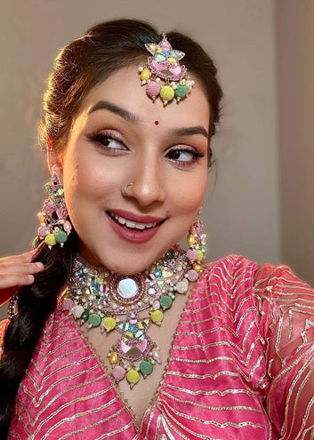 Gulbahar -  Handcrafted Multi Color Haldi Mehndi Bridal Set With Resham, Dabka and Pearls detailing