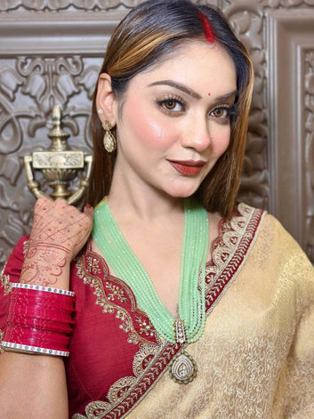 Nayab Antique Gold-Plated Lime Green Onyx AD Jadau Handcrafted Jewellery Set