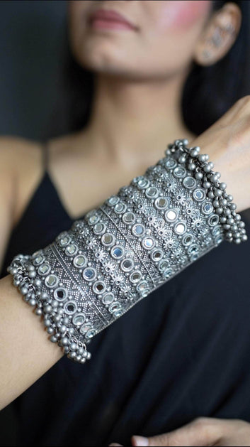 Women Silver-Plated Mirror Studded Oxidised Long Cuff Bracelet