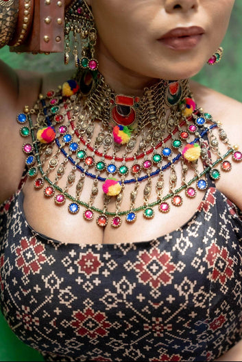 Heer Meenakari Work Afghan Tribal Design Oxidised Golden Plated Handcrafted POM POM Jewellery Set