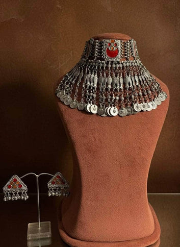 Ambika Meenakari Work Tribal Design Oxidised Silver Plated Handcrafted Jewellery Set