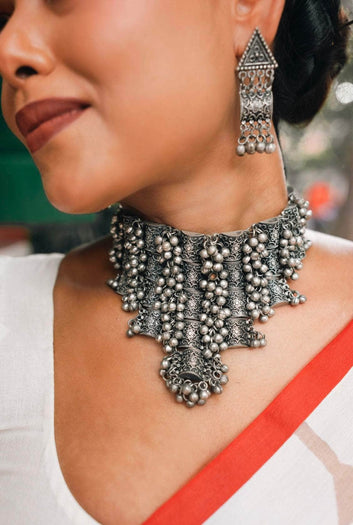 Naina Oxidised Silver-Plated Multi Layer Temple Chokar Jewellery Set