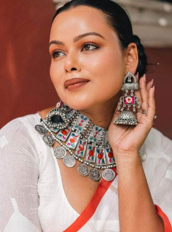 Navratri Special Multi Colored Handcrafted Meenakari Oxidised Coin Choker With Jhumki Jewellery Set