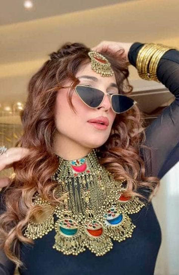 Kiara Meenakari Work Afghan Tribal Design Oxidised Gold Plated Handcrafted Necklace With Maangtika