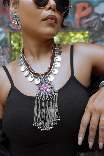 Navratri Special Antique Oxidised Silver Plated Stone Studded Handcrafted Coin Jewellery Set