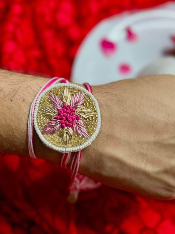 Handcrafted Zardosi Work Rangoli Rakhi With Roli-Chawal