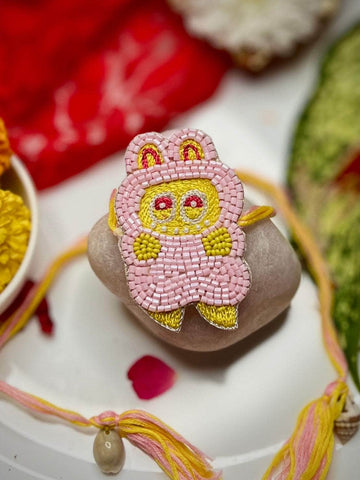 Handcrafted Labubu Pink Color Kids Rakhi With Roli-Chawal