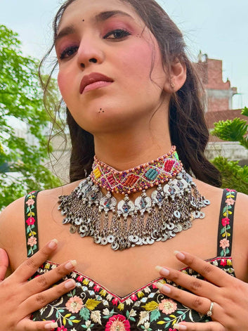 Mehar - Meenakari Coin Studded Tasselled Handcrafted Beaded Navratri Necklace