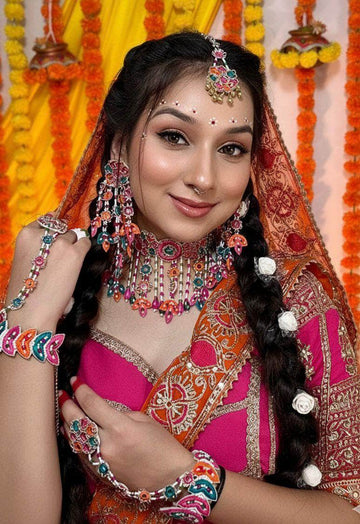 Madhuri -  Handcrafted Multi Color Haldi Mehndi Mirror Studded Bridal Set With Resham, Dabka and Pearls detailing