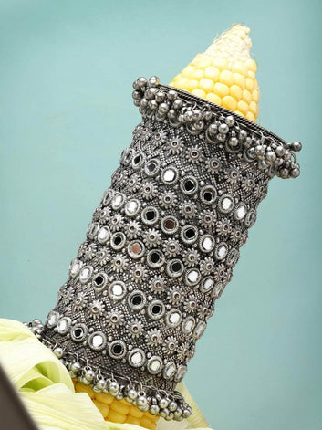 Women Silver-Plated Mirror Studded Oxidised Long Cuff Bracelet