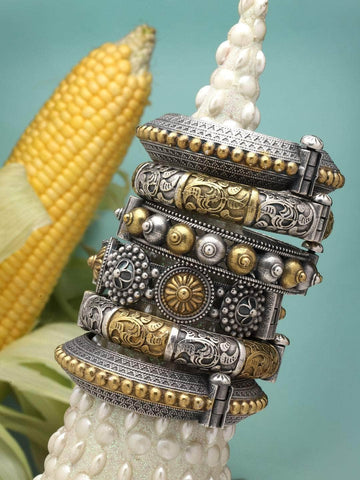 Durga Dual Toned Handcrafted stack - 6 PCS german silver kada set