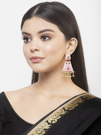 Kundan Studded Handpainted Pink Meenakari Design Gold Plated Handcrafted Brass Jhumkas