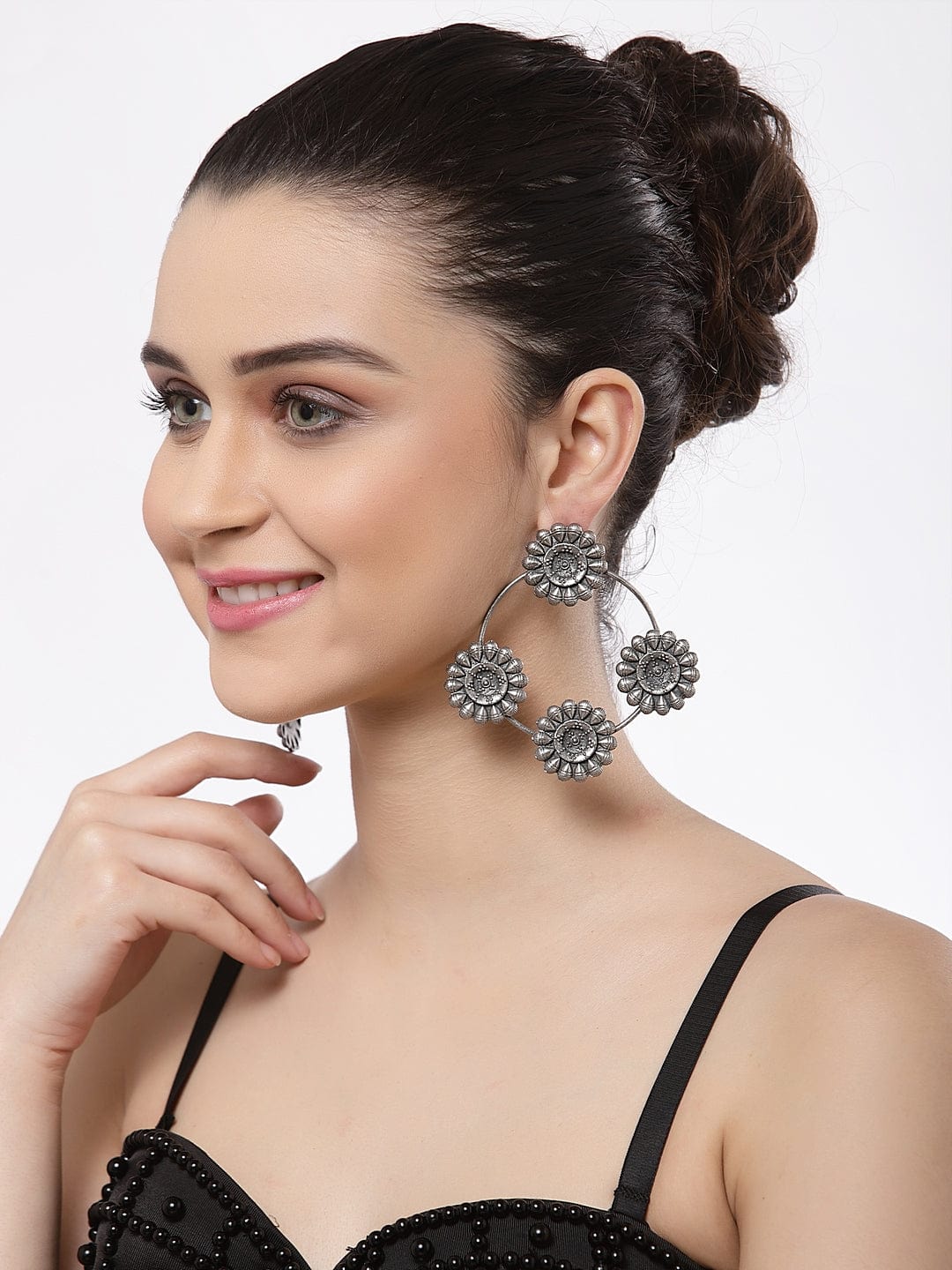 Oxidised Silver-Plated Handcrafted Floral Drop Earrings