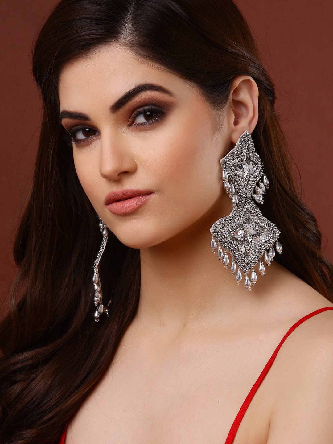 Silver-Plated Sequins Pearls Studded Drop Earrings