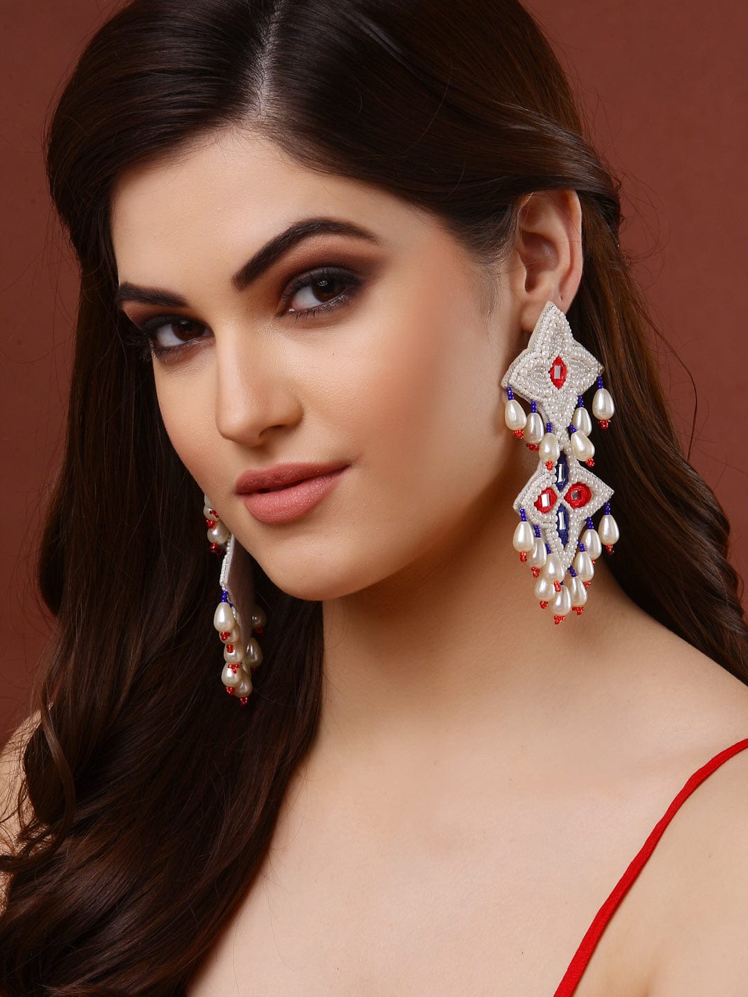 Silver-Plated Mirrors Pearls Studded Contemporary Drop Earrings