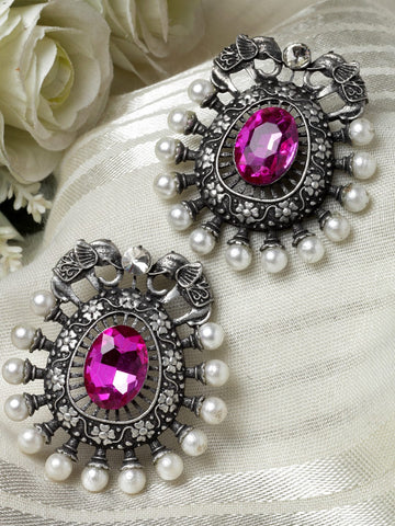 Crystal Studded & Pearl Oval Shaped Drop Earrings