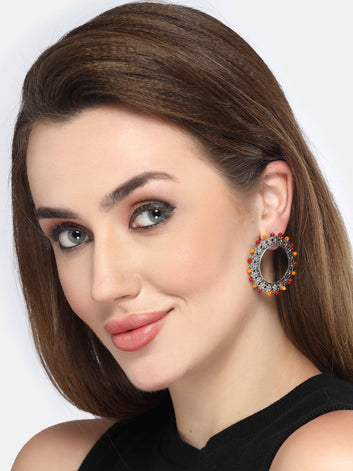 Silver-Plated Circular Beaded Drop Earrings