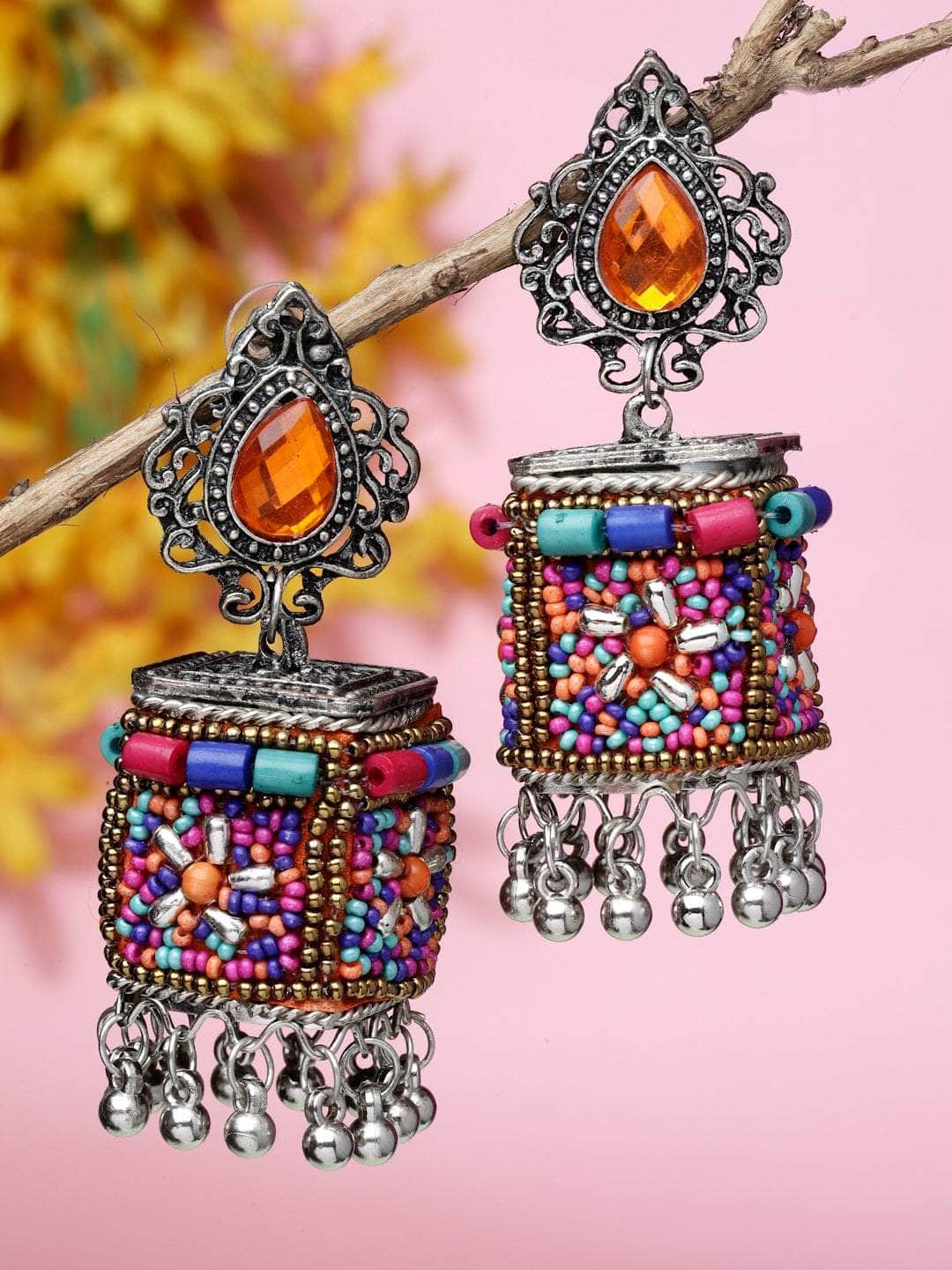 Multi Beads Stones Studded Afghan Design Oxidised Silver Plated  Handcrafted Jhumkas