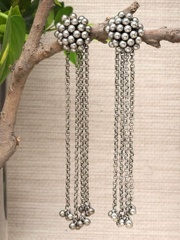 Antique Floral Design Oxidised Long Earrings