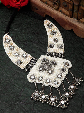 Silver-Toned & Off White Brass Handcrafted Necklace
