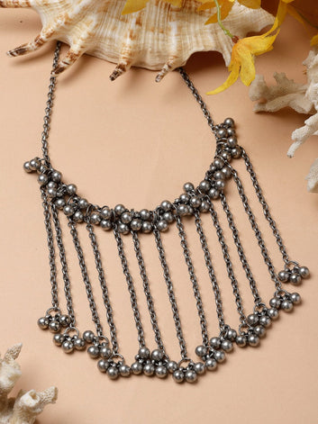 Ghungroo Studded Afghan Tasselled Design Oxidised Silver Plated Handcrafted Necklace