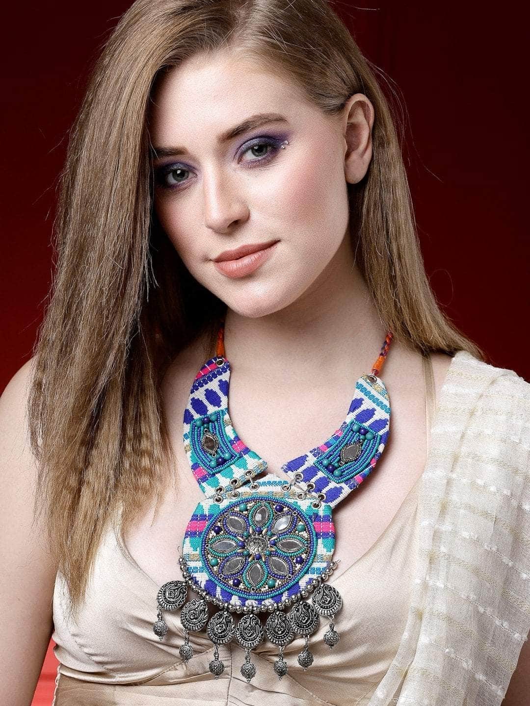 Mirrors Studded Embroidery Work Afghan Design Oxidised Silver Plated T