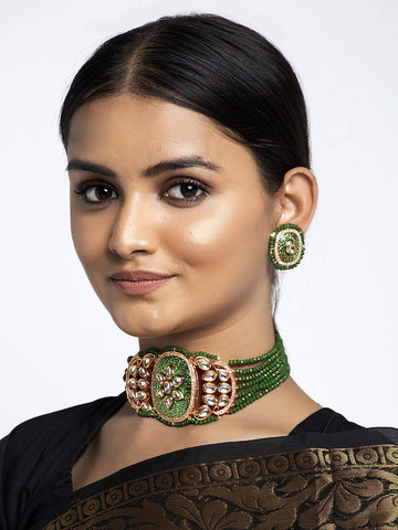 Gold-Plated Green & White Kundan & Onyx Stone-Studded & Pearl Beaded Meenakari Jewellery Set