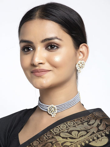 Gold-Plated Grey & White Kundan Onyx Studded Pearl Beaded Handcrafted Jewellery Set