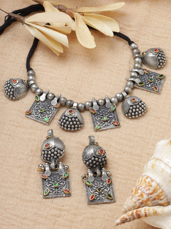 Silver-Plated Crystal-Studded Antique Oxidised Jewellery Set