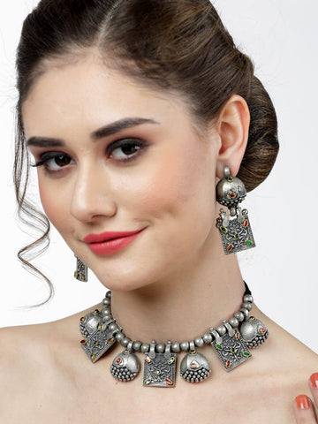Silver-Plated Crystal-Studded Antique Oxidised Jewellery Set