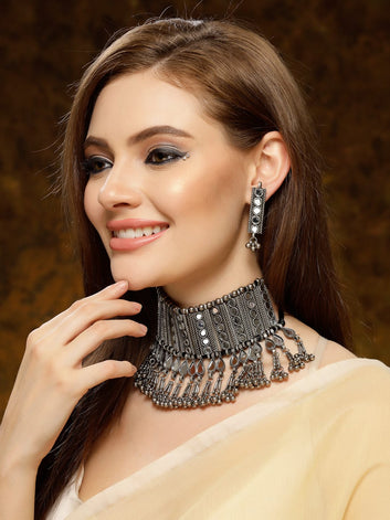 Gunmetal Mirror Studded Tesseled Chokar Jewellery Set