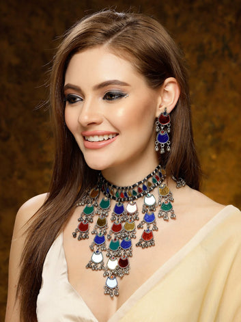 Multi Color Mirror Studded Layered Chokar Necklace Set