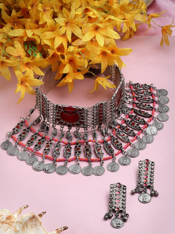 Meenakari Work Afghan Tribal Design Oxidised Silver Plated Handcrafted Jewellery Set