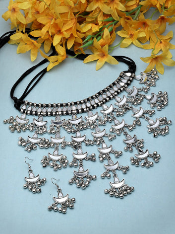 Mirror Studded Handcrafted Tasselled Design Oxidised Silver Plated Afghan Jewellery Set