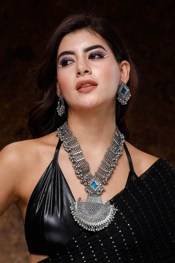 Silver-Plated Brass Handcrafted Tasselled Antique Design Oxidised Jewellery Set