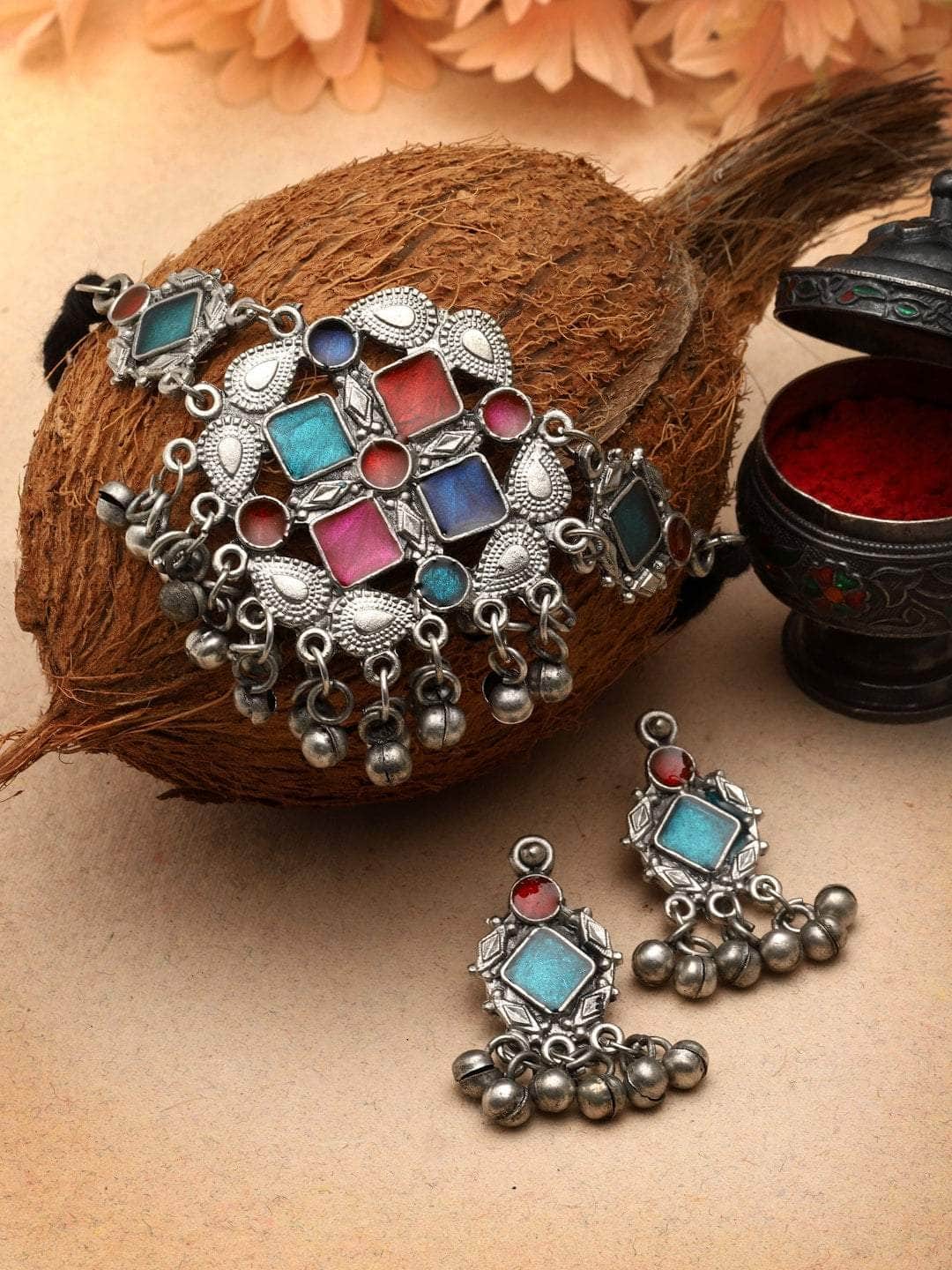 Multi Colored Meenakari Work Ghungroo Studded Oxidised Jewellery Set
