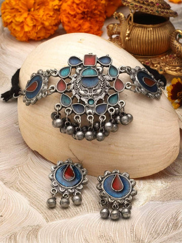 Multi Colored Meenakari Work Ghungroo Studded Oxidised  Choker Jewellery Set