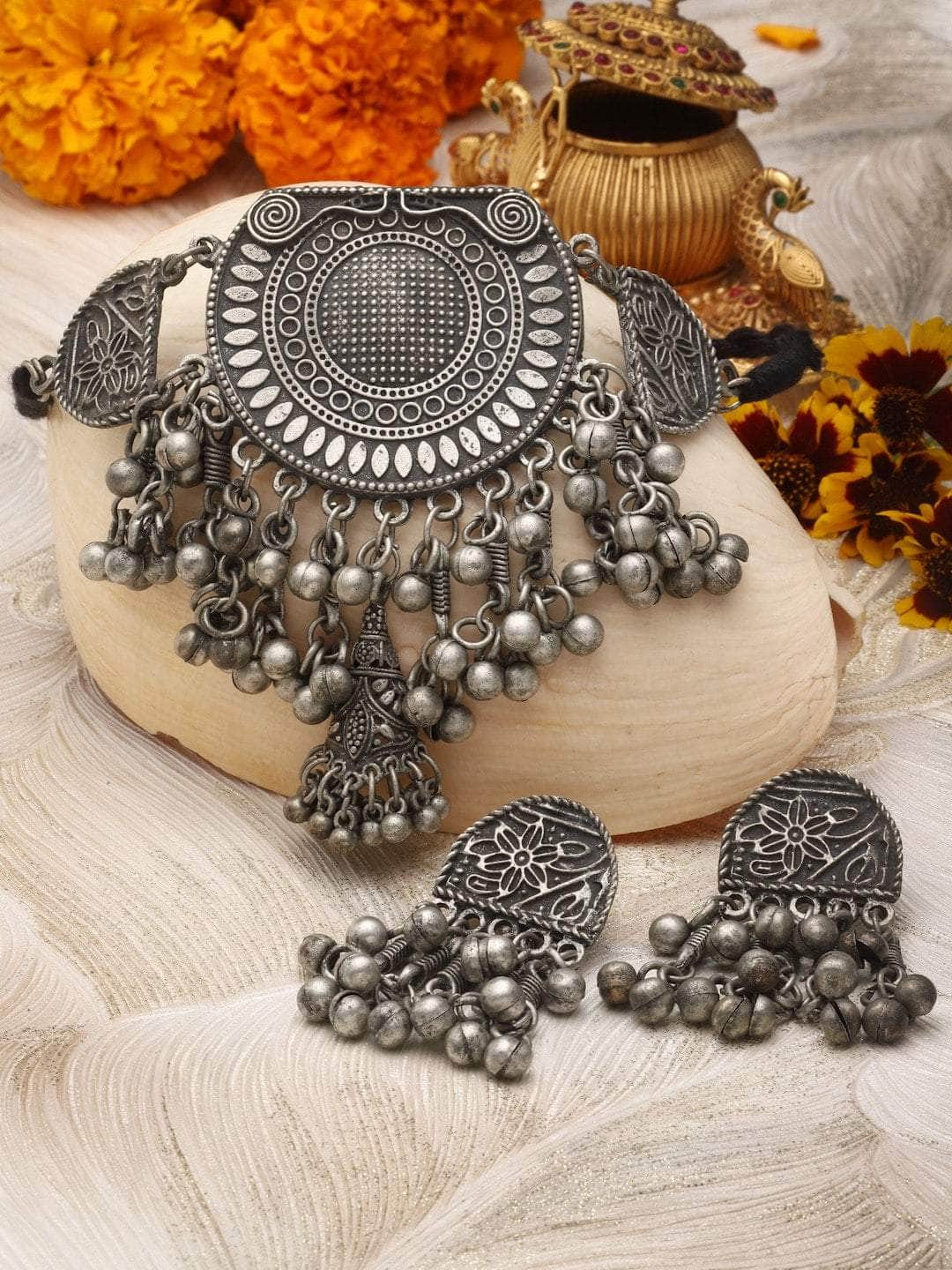Silver Plated Ghungroo Studded Oxidised Jewellery Set