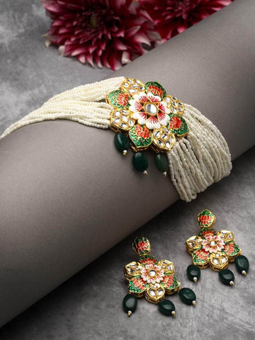 Gold-Plated Beads Beaded Kundan & Onyx Stones-Studded Floral Design Meenakari Work Jewellery Set