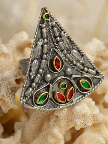 Crystal-Studded Antique Tribal Design Oxidised Finger Ring
