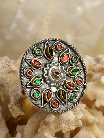 Crystal-Studded Oxidised Finger Ring