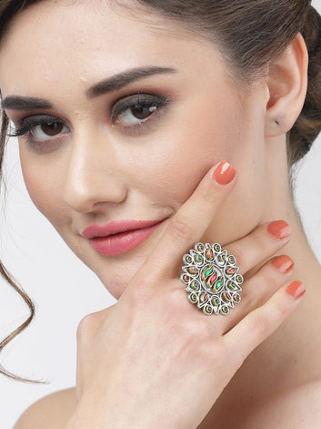 Crystal-Studded Oxidised Finger Ring